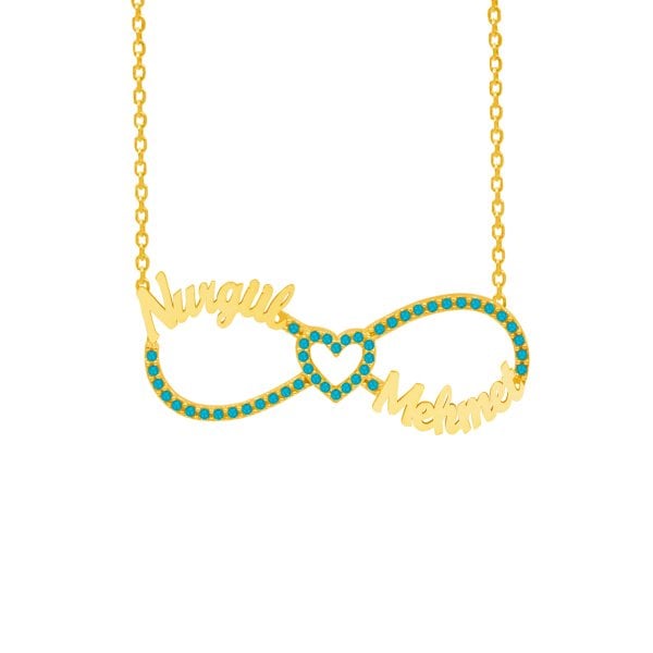 Gümüş Turkuaz Taşlı Sonsuzluk İki İsimli Kolye