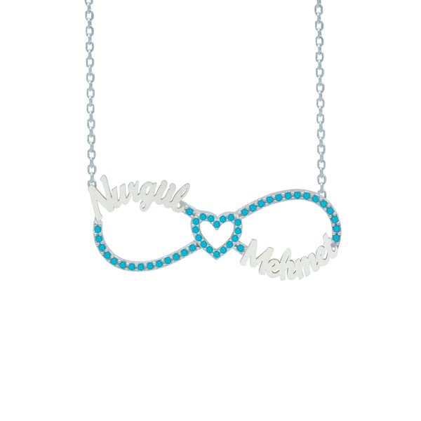 Gümüş Turkuaz Taşlı Sonsuzluk İki İsimli Kolye