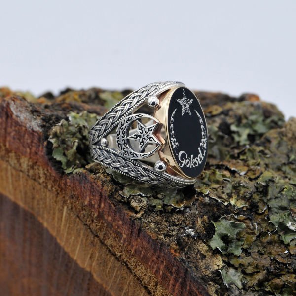 Gümüş Ayyıldız Tasarım Mineli İsimli Erkek Yüzük