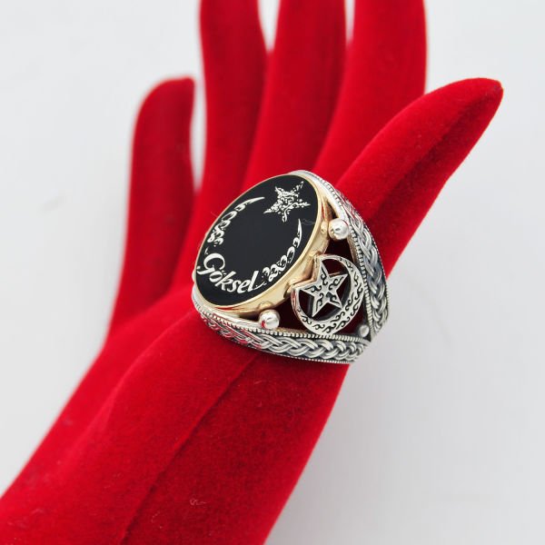 Gümüş Ayyıldız Tasarım Mineli İsimli Erkek Yüzük