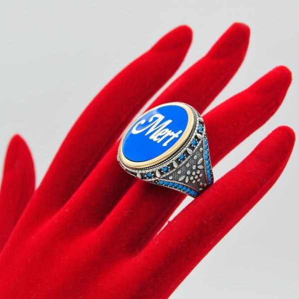 Gümüş Özel Tasarım Mineli İsimli Erkek Yüzük