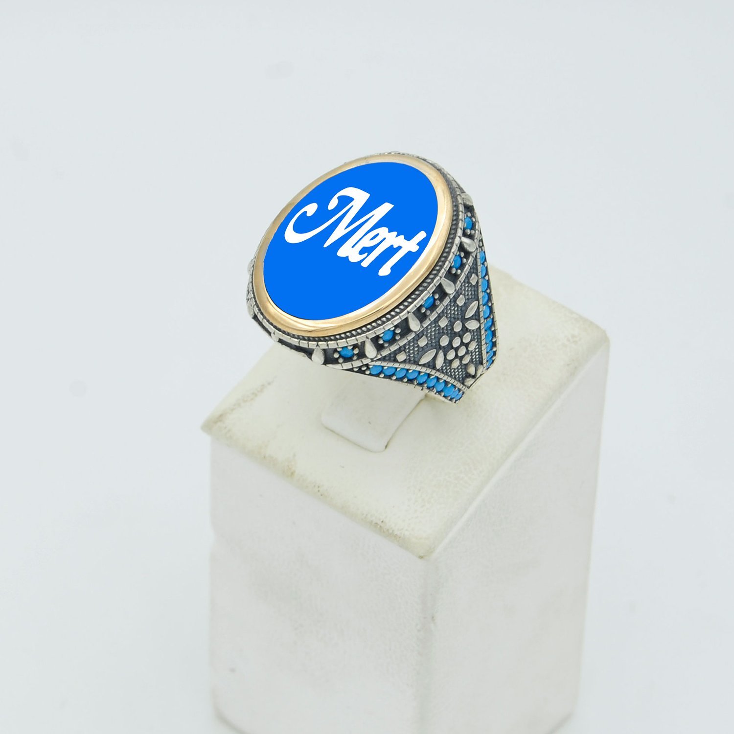 Gümüş Özel Tasarım Mineli İsimli Erkek Yüzük