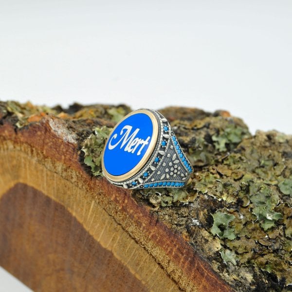 Gümüş Özel Tasarım Mineli İsimli Erkek Yüzük