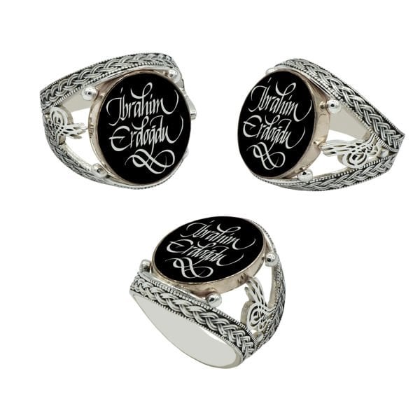 Gümüş Tuğralı Hat Yazılı İsimli Erkek Yüzük