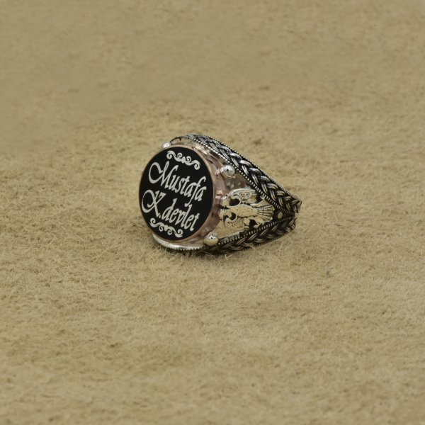 Gümüş Çift Başlı Kartal Mineli İsimli Erkek Yüzük