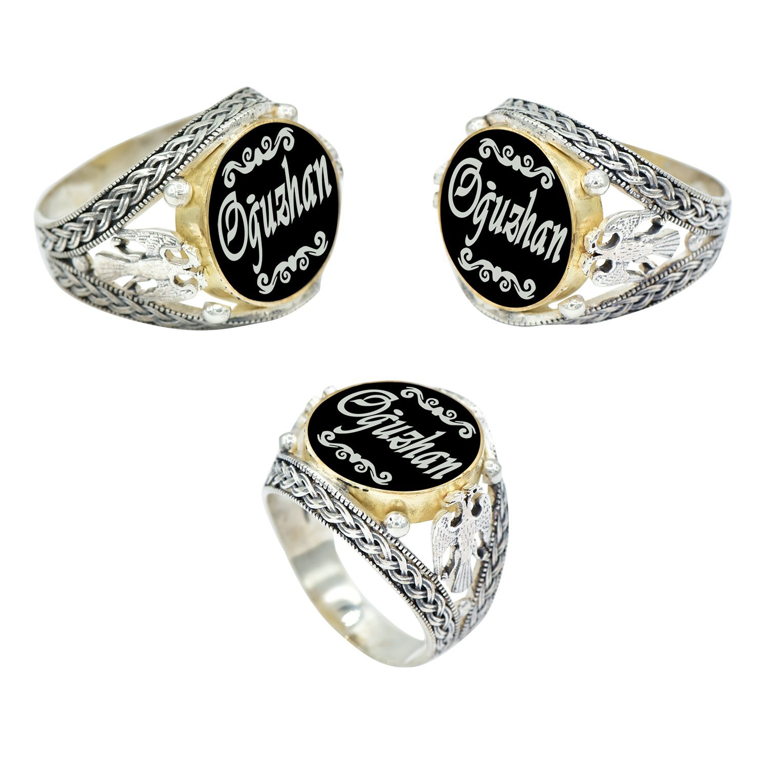 Gümüş Çift Başlı Kartal Mineli İsimli Erkek Yüzük
