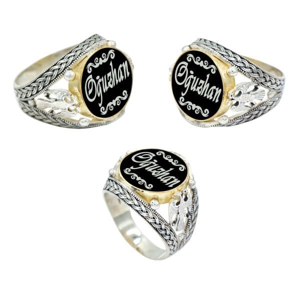 Gümüş Çift Başlı Kartal Mineli İsimli Erkek Yüzük