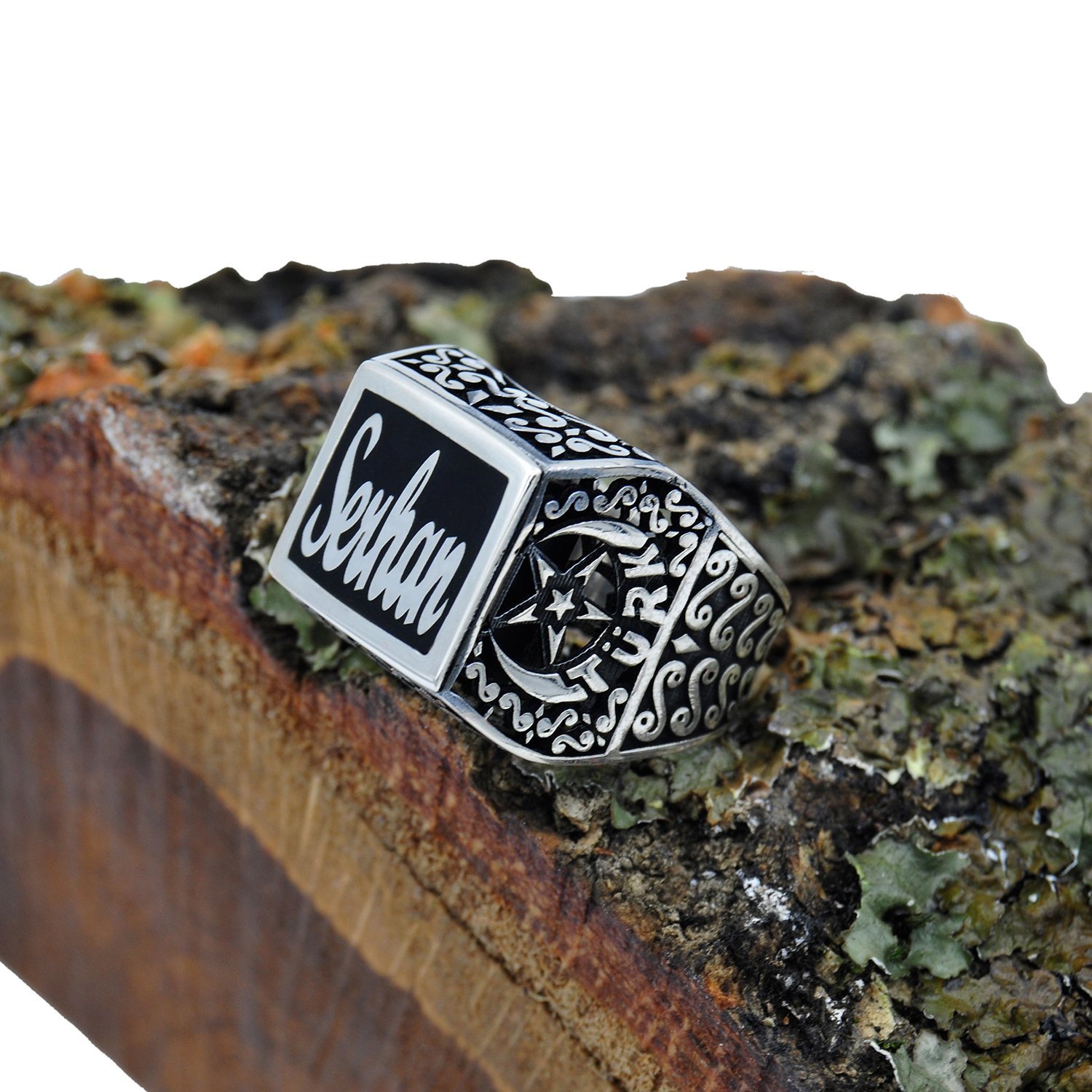 Gümüş Ayyıldız Tasarım Mineli İsimli Erkek Yüzük