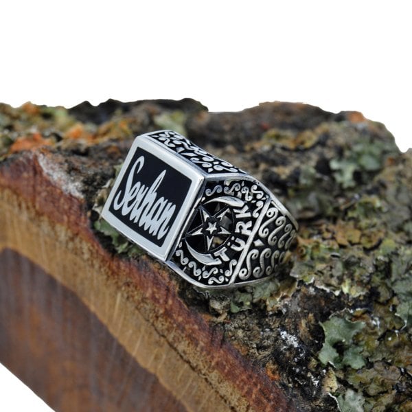 Gümüş Ayyıldız Tasarım Mineli İsimli Erkek Yüzük