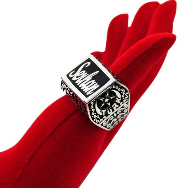 Gümüş Ayyıldız Tasarım Mineli İsimli Erkek Yüzük