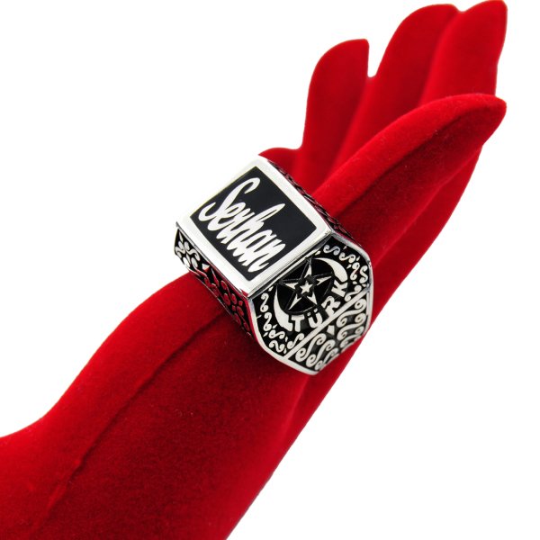 Gümüş Ayyıldız Tasarım Mineli İsimli Erkek Yüzük