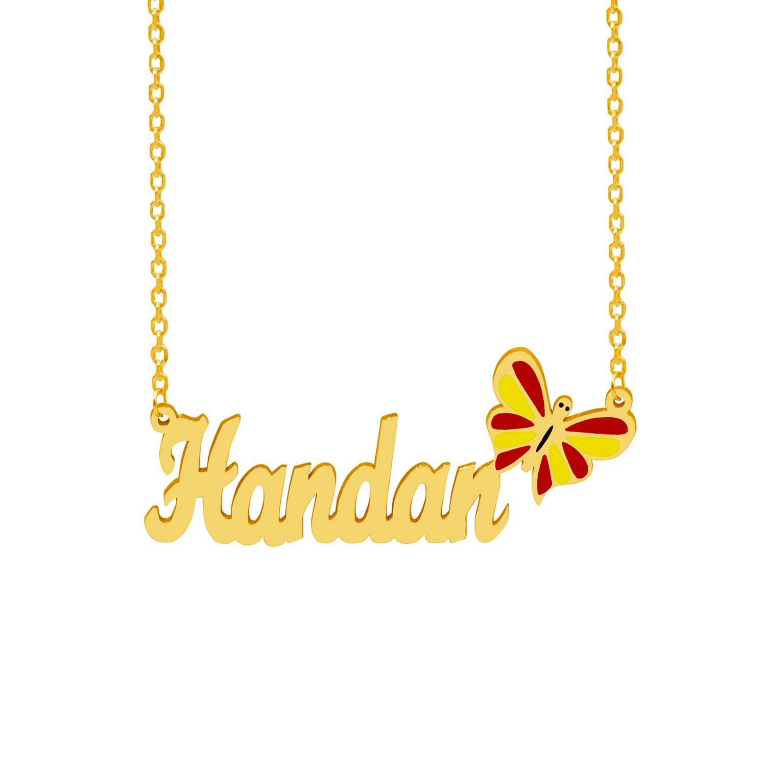Gümüş Sarı Kırmızı Renkli Kelebekli İsimli Kolye