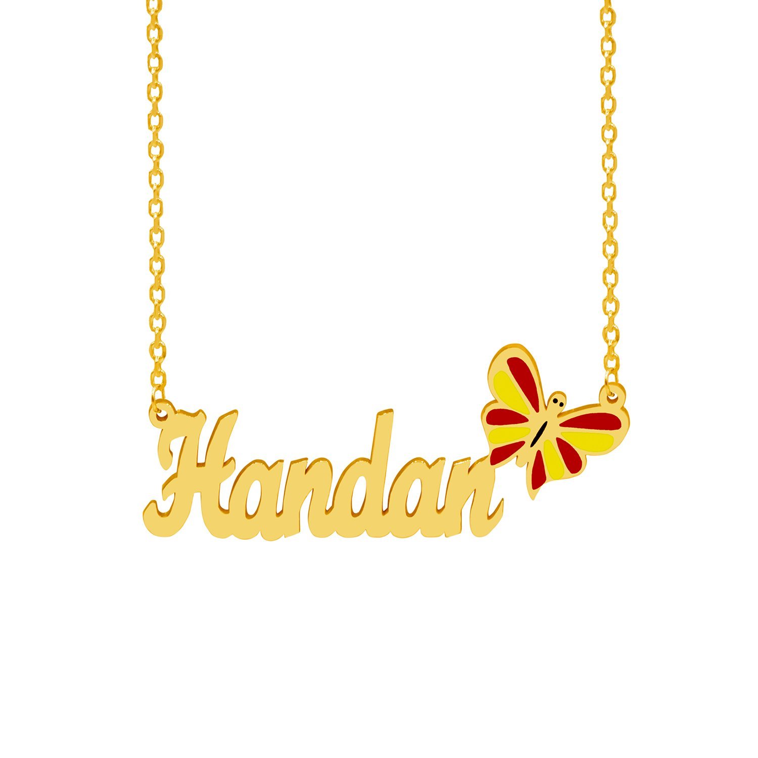 Gümüş Sarı Kırmızı Renkli Kelebekli İsimli Kolye