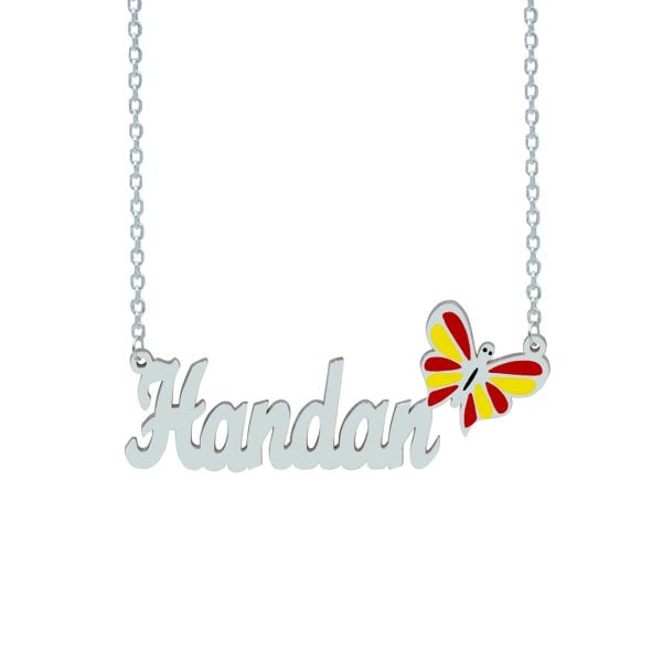 Gümüş Sarı Kırmızı Renkli Kelebekli İsimli Kolye