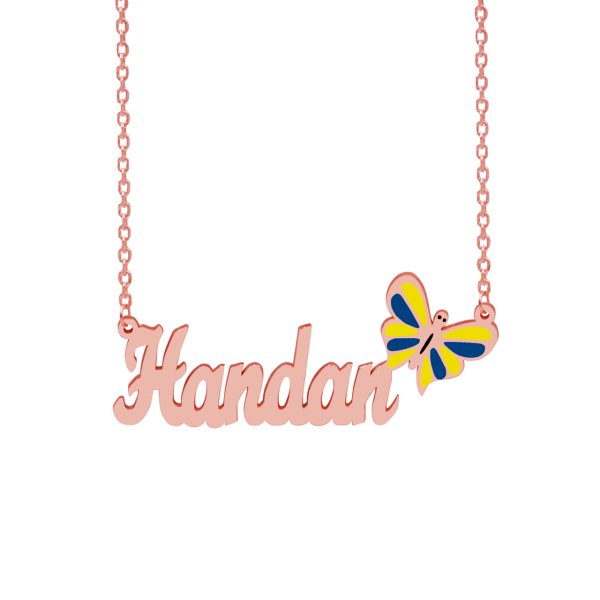 Gümüş Sarı Lacivert Renkli Kelebekli İsimli Kolye