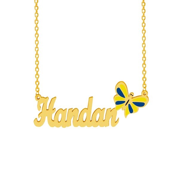 Gümüş Sarı Lacivert Renkli Kelebekli İsimli Kolye