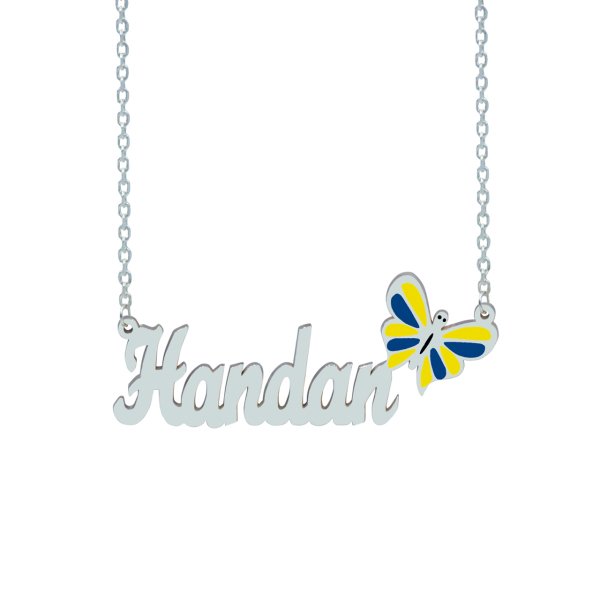 Gümüş Sarı Lacivert Renkli Kelebekli İsimli Kolye