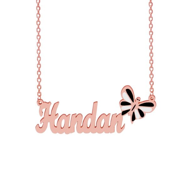 Gümüş Siyah Beyaz Renkli Kelebekli İsimli Kolye