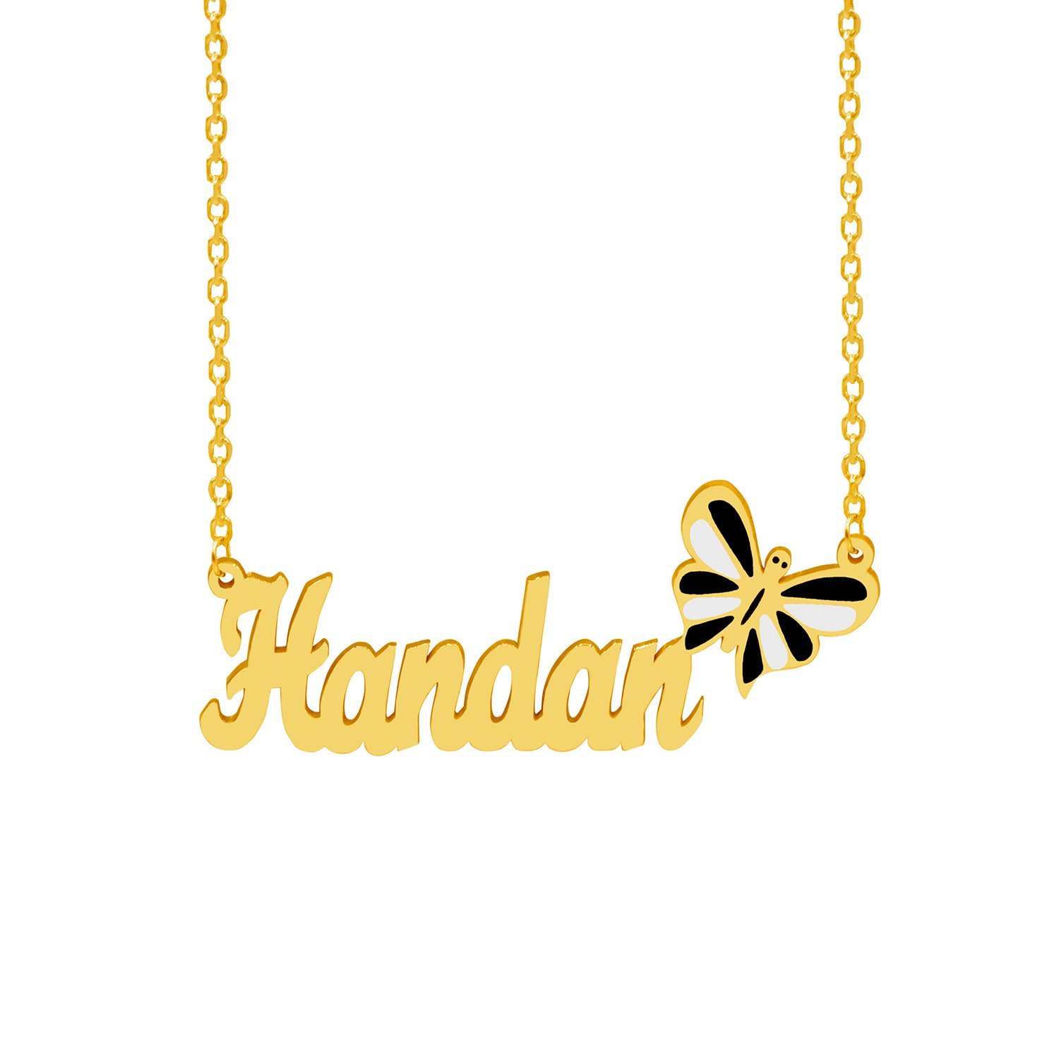 Gümüş Siyah Beyaz Renkli Kelebekli İsimli Kolye