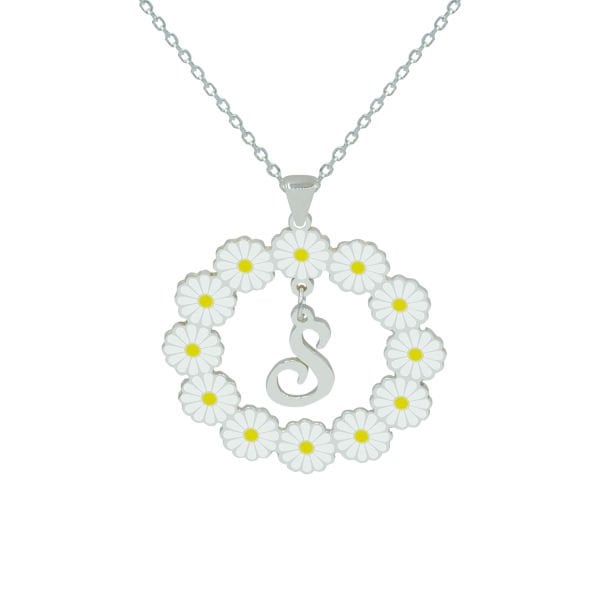 Gümüş Yuvarlak Papatya Harfli Kolye