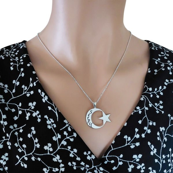 Gümüş Ay Yıldızlı İsimli Kolye