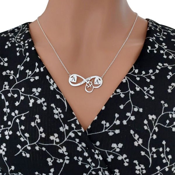 Gümüş Özel Tasarım Sonsuzluk Kalpli Harfli Kolye
