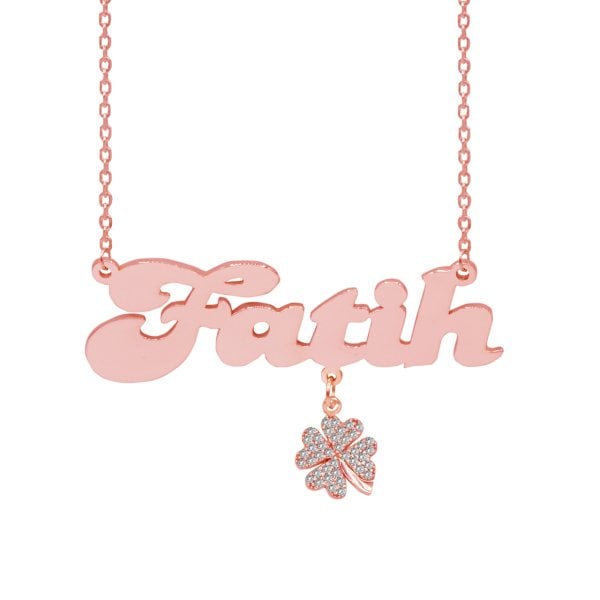 Gümüş Beyaz Taş Yonca Sallantılı İsimli Kolye