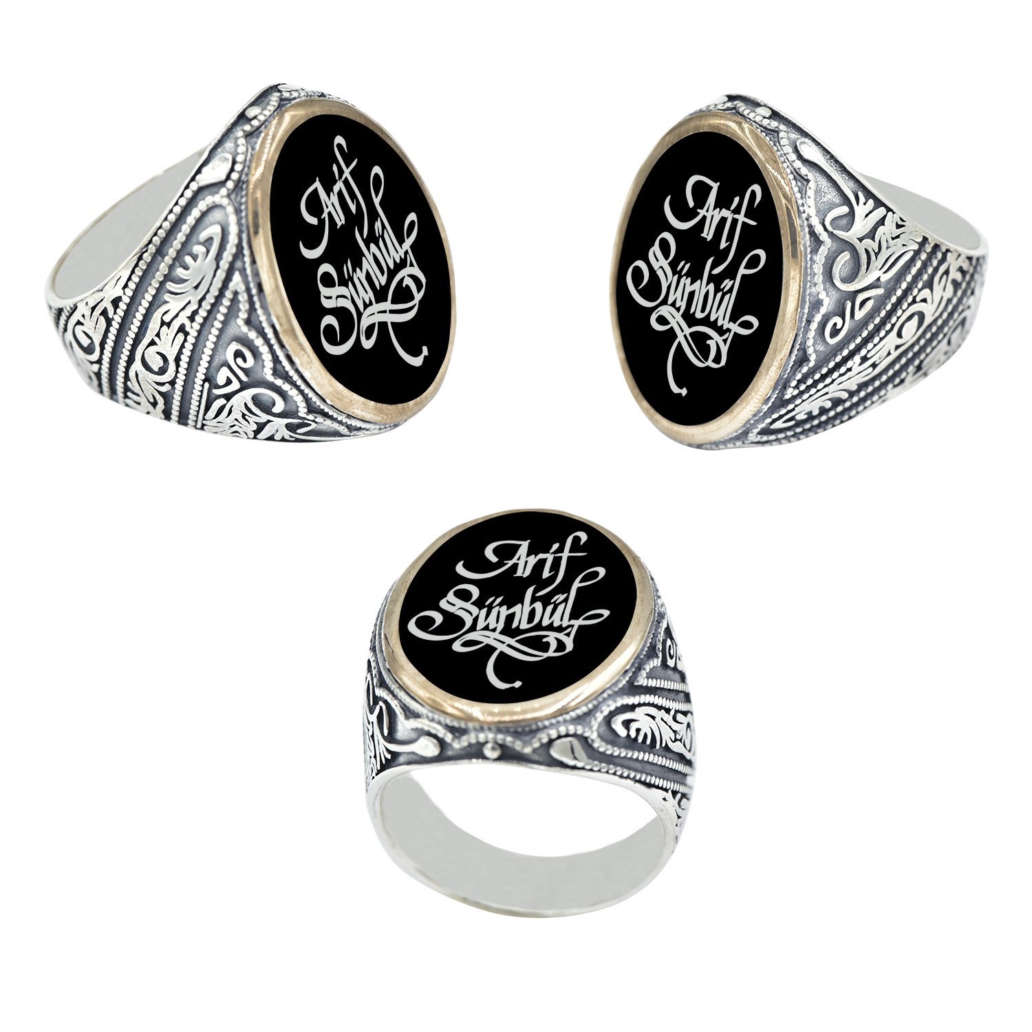 Gümüş Hat Yazılı İsimli Siyah Mineli Yüzük