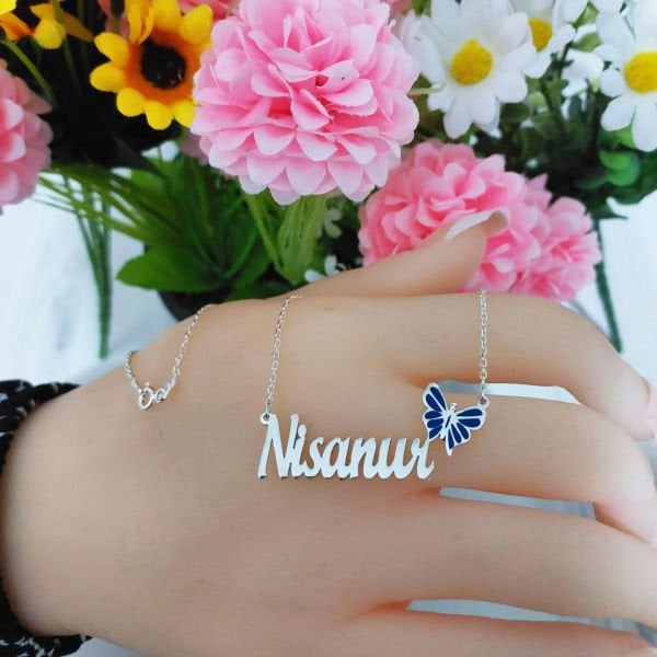 Gümüş Mavi Renk Kelebekli İsimli Kolye