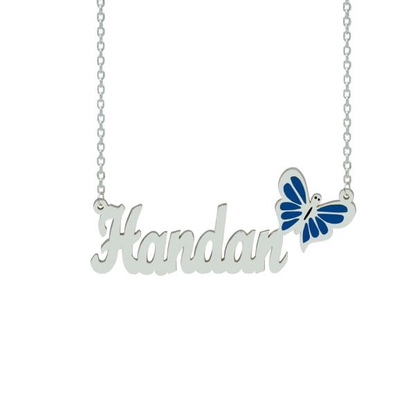 Gümüş Mavi Renk Kelebekli İsimli Kolye