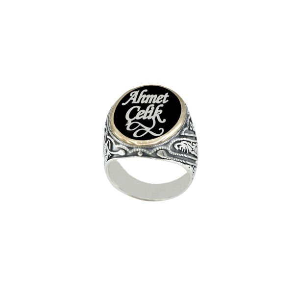 Gümüş Siyah Renkli İsimli Erkek Yüzük