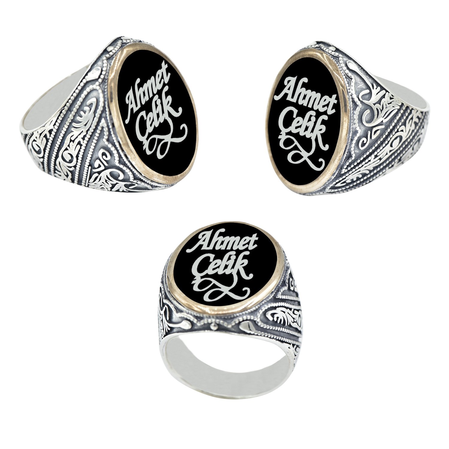 Gümüş Siyah Renkli İsimli Erkek Yüzük