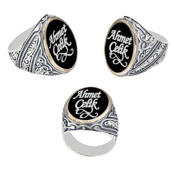 Gümüş Siyah Renkli İsimli Erkek Yüzük