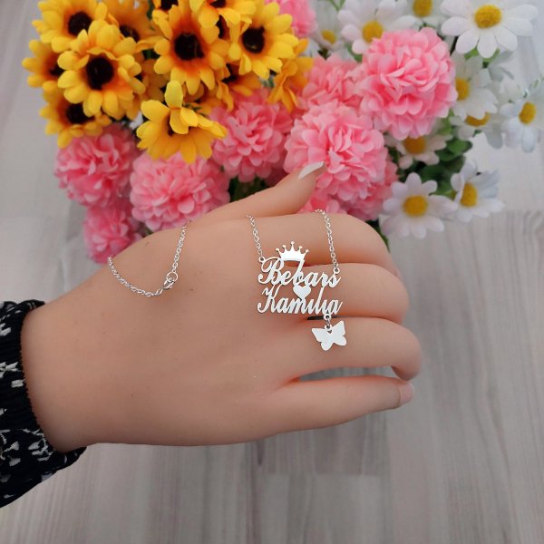 Gümüş Taçlı İki İsimli Kolye