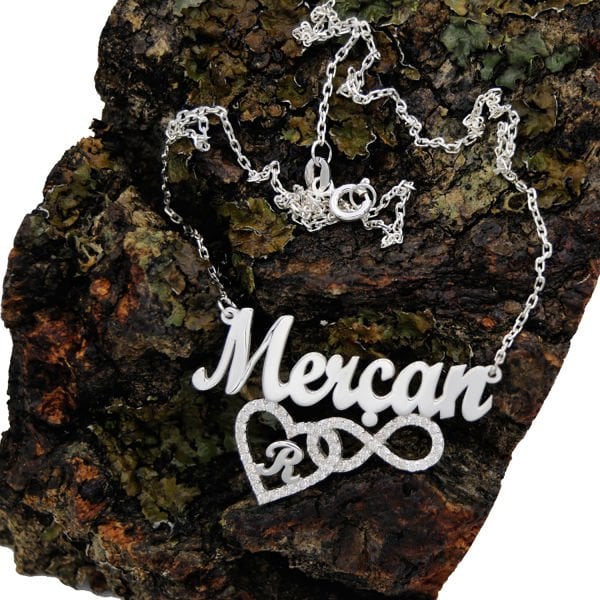 Gümüş Taşlı Kalpli Sonsuzluk Üstü İsimli Kolye