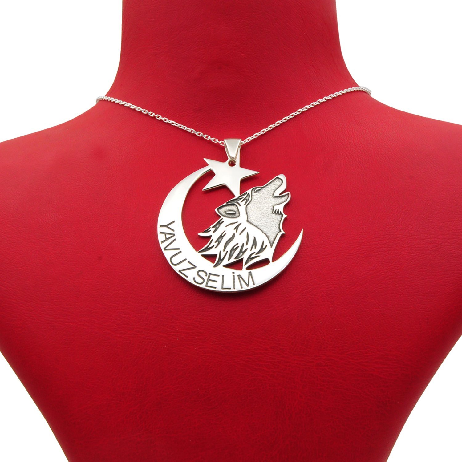 Gümüş Ay Yıldız Kurtlu İsimli Kolye