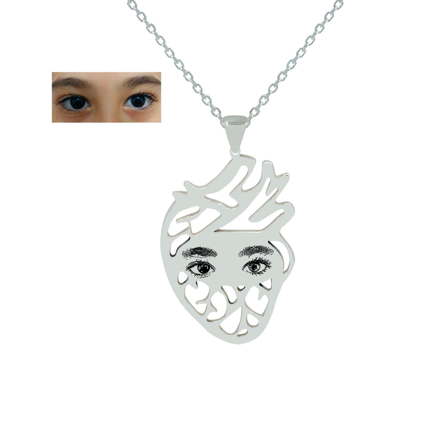 Gümüş Kalp Temalı Göz Çizimli Kolye