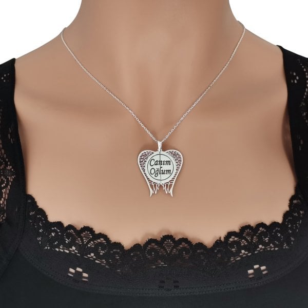 Gümüş Melek Kanatlı Resimli Kolye