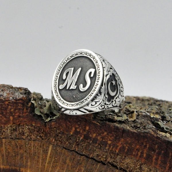 Gümüş Ay Yıldızlı Harfli Erkek Yüzük