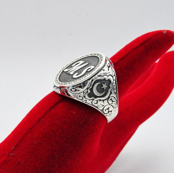 Gümüş Ay Yıldızlı Harfli Erkek Yüzük