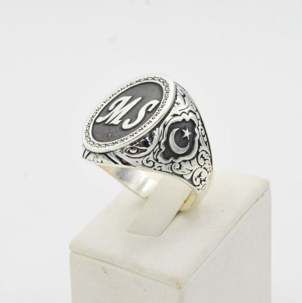 Gümüş Ay Yıldızlı Harfli Erkek Yüzük