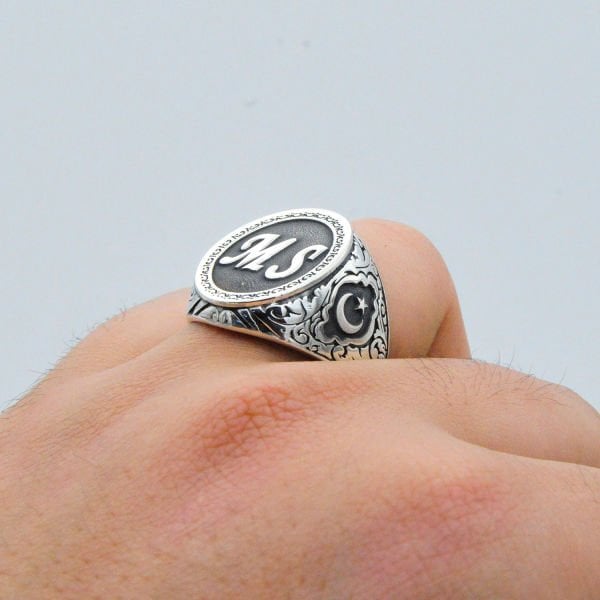 Gümüş Ay Yıldızlı Harfli Erkek Yüzük