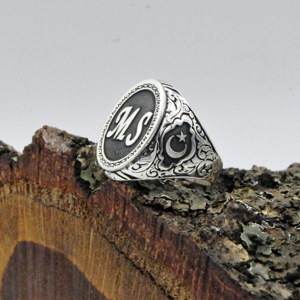 Gümüş Ay Yıldızlı Harfli Erkek Yüzük