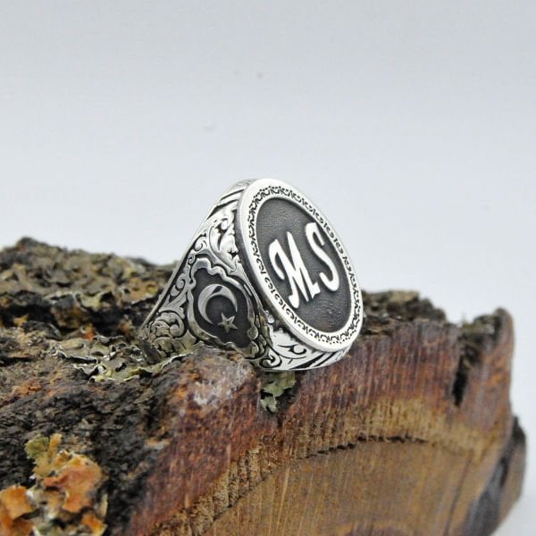 Gümüş Ay Yıldızlı Harfli Erkek Yüzük