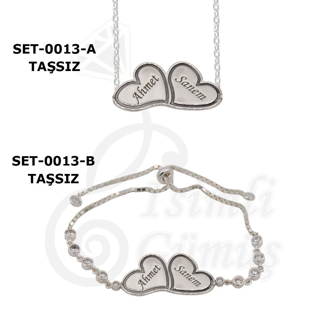 Gümüş Taşsız 2 Kalpli İsimli Kolye Bileklik Set