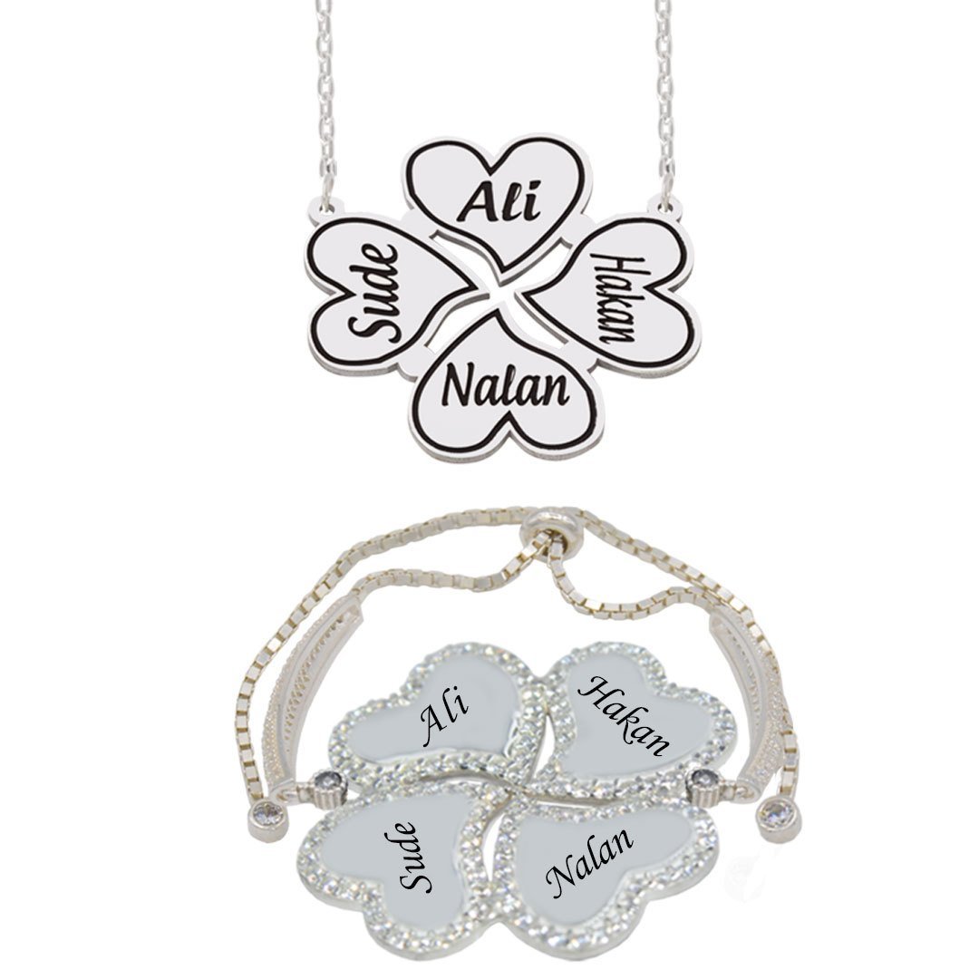 Gümüş 4 Kalpli Yonca İsimli Kolye Bileklik Set