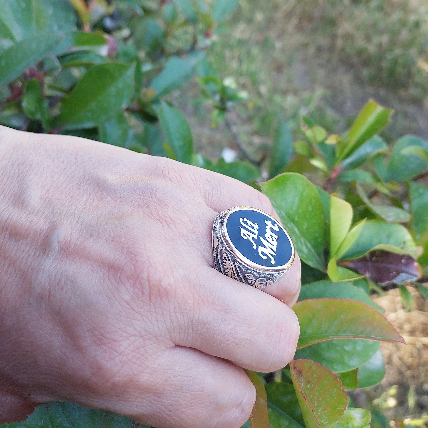 Gümüş İsimli Mineli Erkek Yüzük