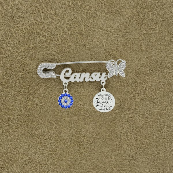 Gümüş Kelebekli Nazar Dualı İsimli Bebek Çatal İğne