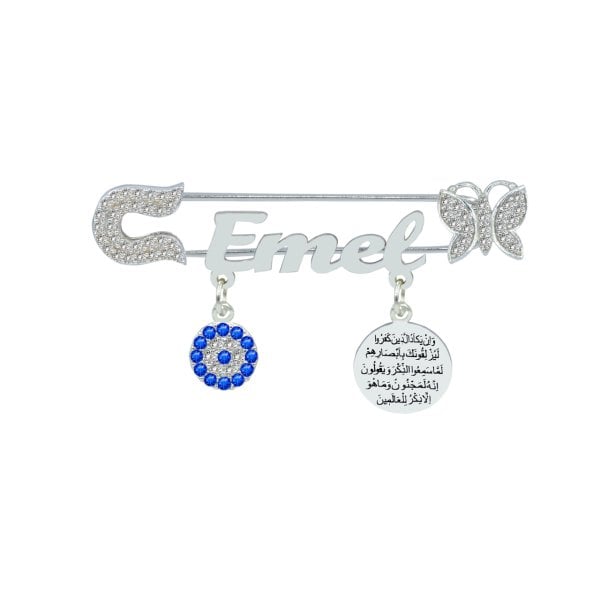 Gümüş Kelebekli Nazar Dualı İsimli Bebek Çatal İğne