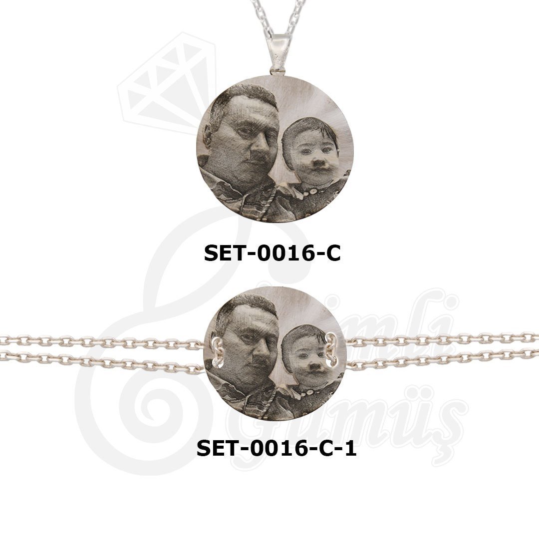 Gümüş Yuvarlak Plaka Resimli Kolye Bileklik Set